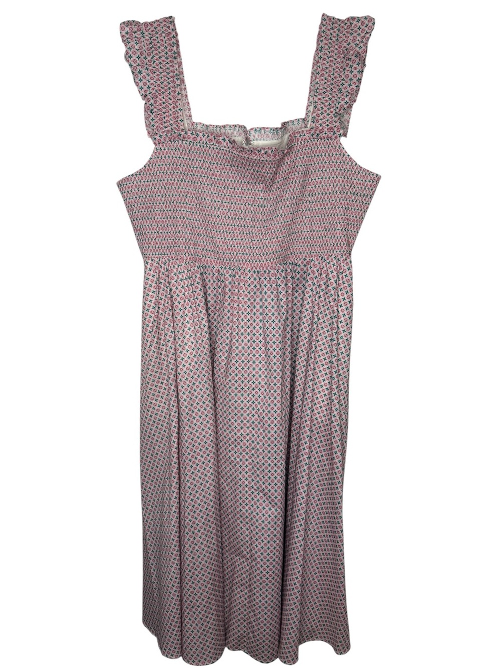 Boden NWT Square Neck Smocked Midi Dress Ivory Circle Stamp Pink Green US 16/18 - Picture 3 of 11